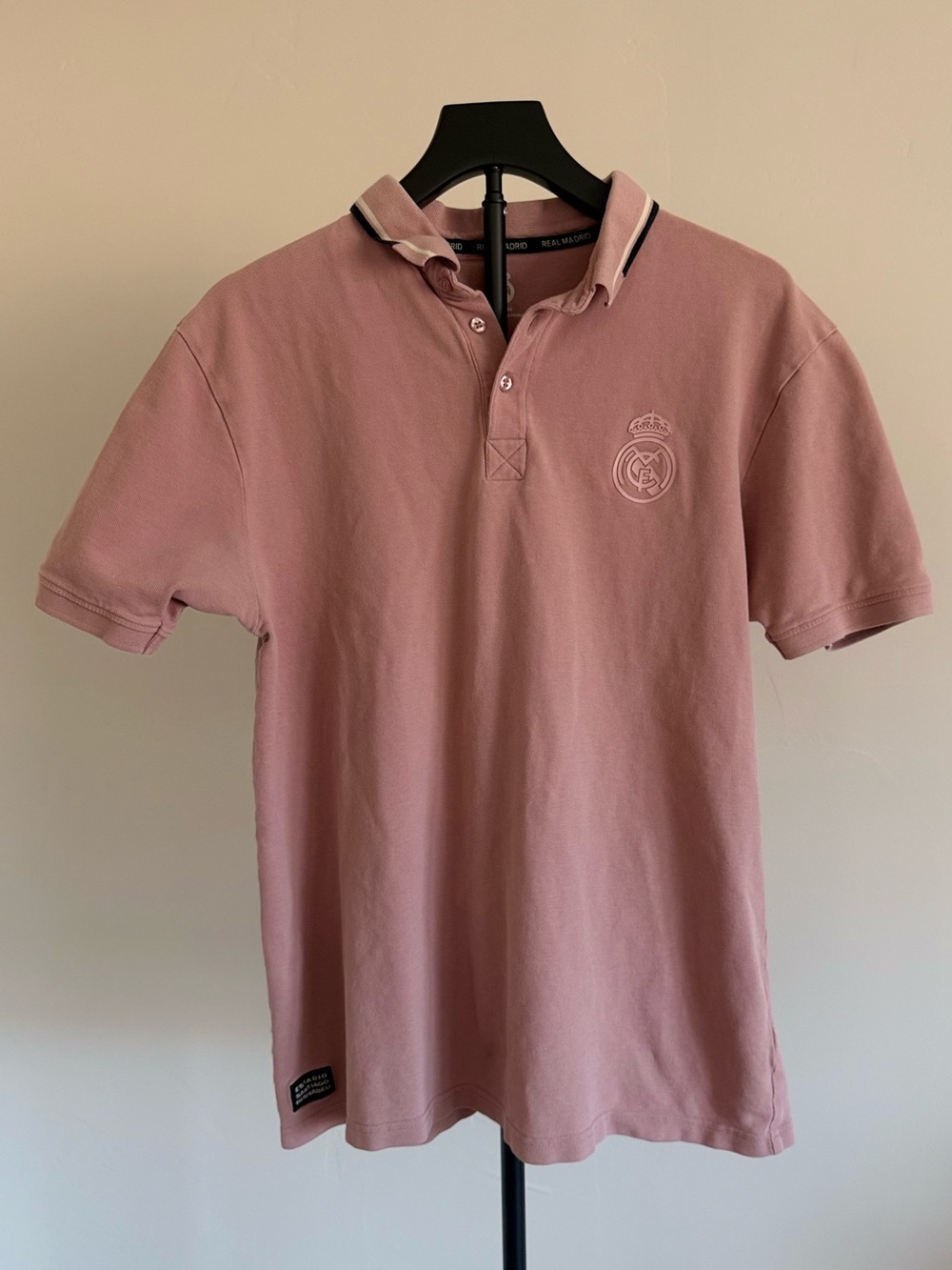 Real Madrid Men's Cotton Knit Polo Shirt Pink Short Sleeve Solid Logo